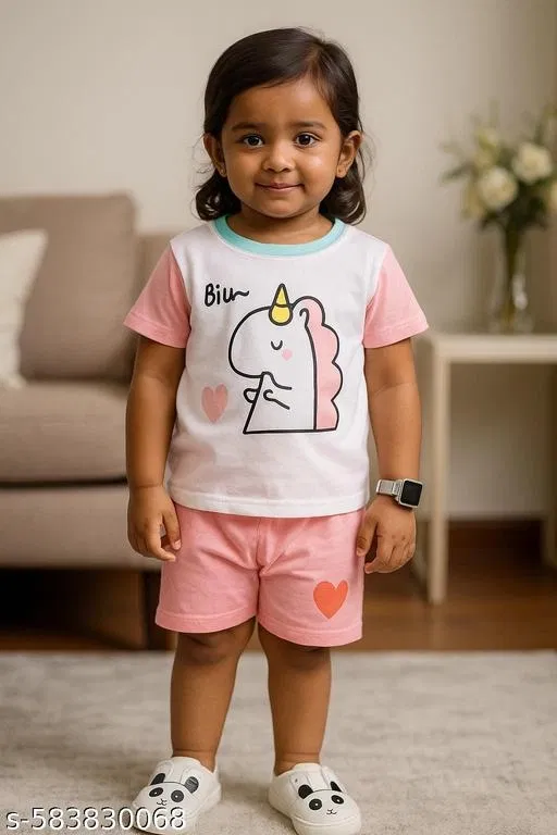 Hosiery Cotton Printed Clothing Set for Kids, White & Pink (9-12 Months)