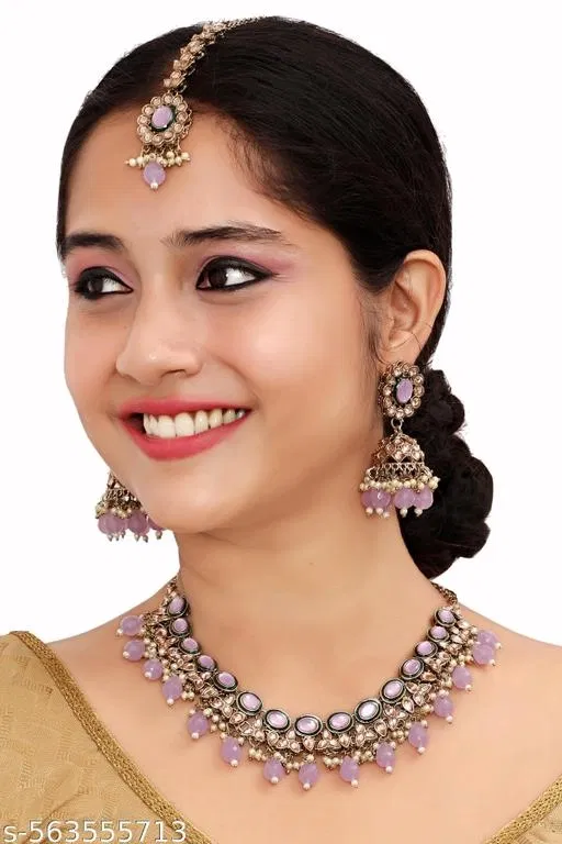 Mehandi Finish Ethnic Meenakari Pearl Fitted Necklace Set with Jumkaa Tikka for Women (Lavender, Free Size)