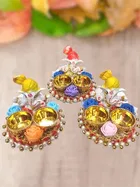 Metal Decorative Ganpati Haldi Kumkum Stand with 2 Roli Chawal Holder, Multicolor