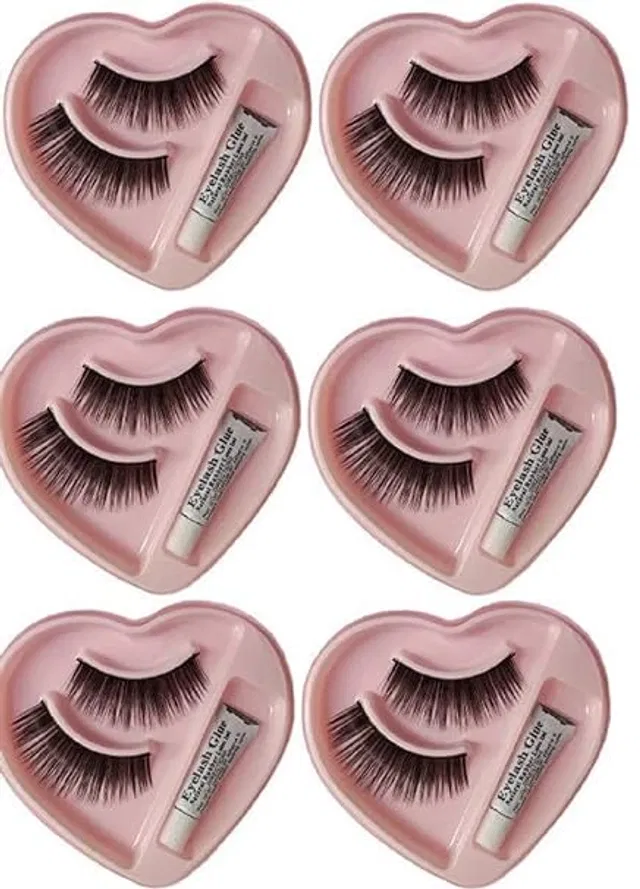 False Eyelashes with Adhesive (Black, Set of 6)