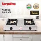 SuryaViva NEO 2B SS [Hose Pipe + Lighter] 2 Cast Iron [Silver] Stainless Steel Manual Gas Stove [2 Burners]