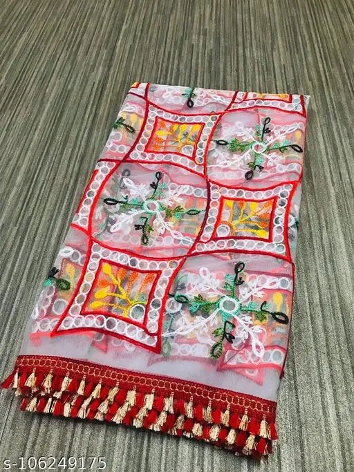 Net Embroidered Scarves for Women, Multicolor (Floral, Mirror Work)