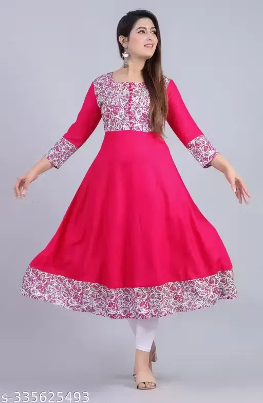Rayon Printed Anarkali Kurti for Women, Pink (XL)