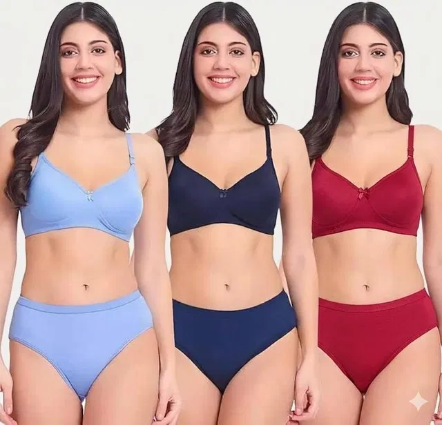 Padded T-Shirt Bra & Panty Set for Women, Pack of 3 (Multicolor, 30)