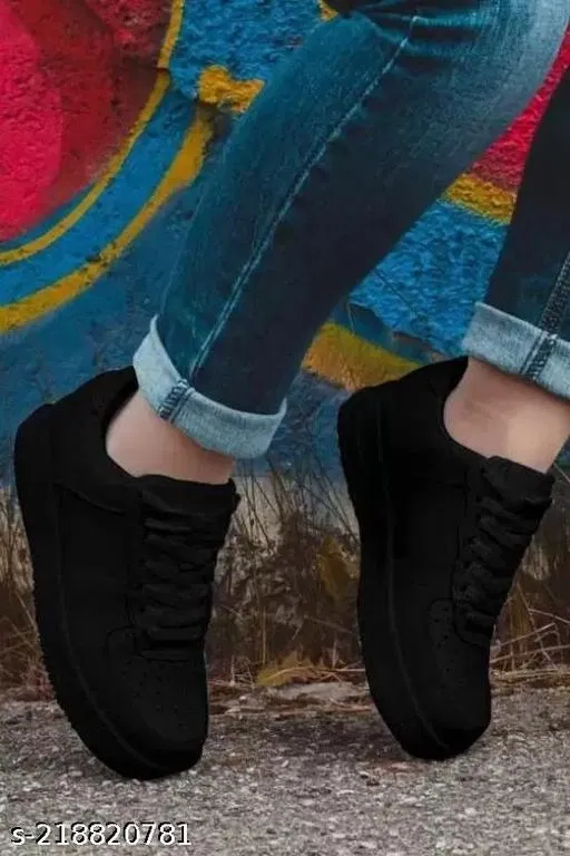 Solid Synthetic Sneakers for Girls (Black, 12-13 Years)