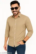 Cotton Blend Solid Shirts for Men, Cream 