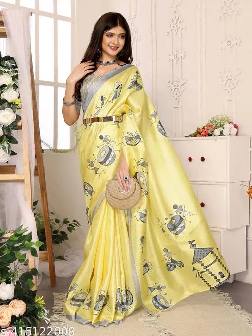 Art Silk Printed Saree for Women, Yellow (6.3 m)