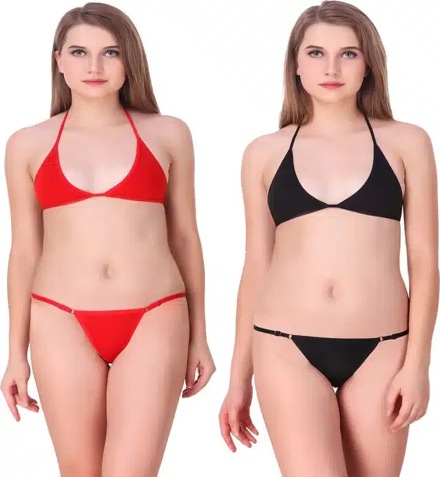 Cotton Blend Lingerie Set for Women (Red & Black, 32) (Set of 2)