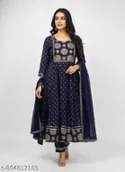 Embroidered Art Silk Gown Kurta Set for Women 