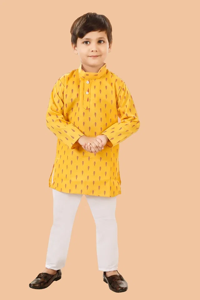 Cotton Blend Printed Kurta with Payjama for Boys, Yellow & White (12-18 Months)