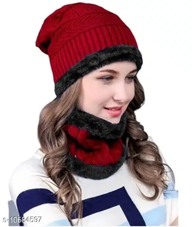 Balaclava Cap with Neck Warmer for Men & Women (Maroon & Black, Set of 1)