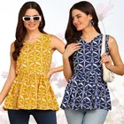 Rayon Printed Flared Top for Women (Yellow & Blue, S) (Pack of 2)