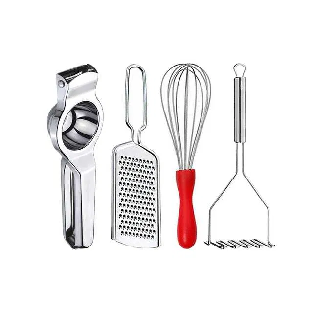 Oc9 Stainless Steel Lemon Squeezer & Cheese Grater & Egg Whisk & Potato Masher Kitchen Tool Set (O-90)