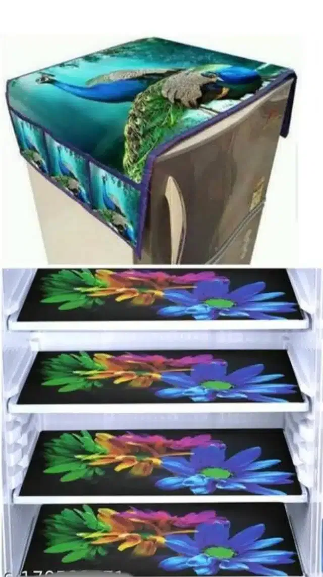 Knit Printed Fridge 4 Pcs Mat with Top Cover (Multicolor, Set of 1)