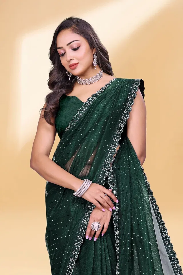 Net Embellished Saree for Women (Bottle Green, 6.3 m)