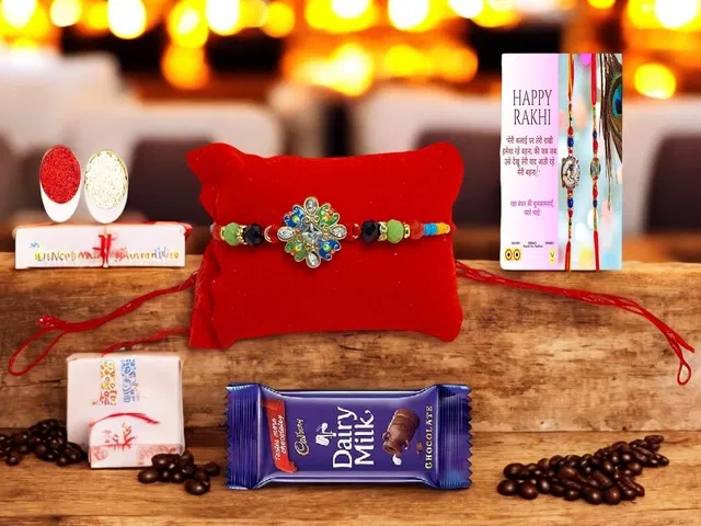 Metal Rakhi with Greeting card, Roli & Chocolate (Multicolor, Set of 1)