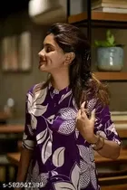 Floral Print Cotton Blend Kurta with Pant for Women, Purple 