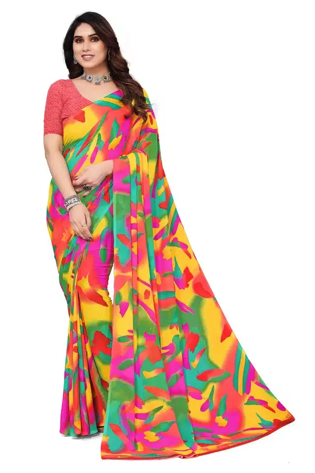 Georgette Printed Saree for Women (Peach & Yellow, 6.3 m)