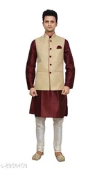 Dupion Silk Solid Kurta with Pyjama & Jacket for Men 