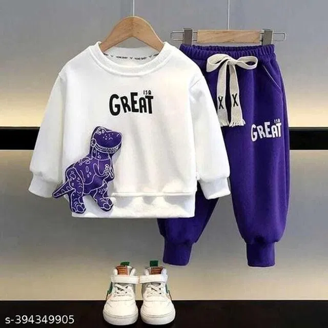 Hosiery Cotton Clothing Set for Boys (White & Purple, 12-18 Months)