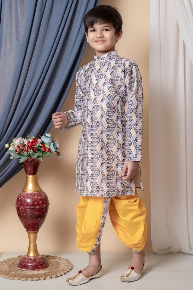 Dupion Silk Printed Kurta with Dhoti for Boys, Multicolor (7-8 Years)