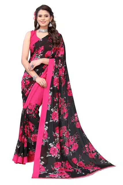 Women Georgette Printed Saree With Unstitched Blouse (Pink) (SD-55)