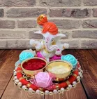 Metal Decorative Ganpati Haldi Kumkum Stand with 2 Roli Chawal Holder, Multicolor