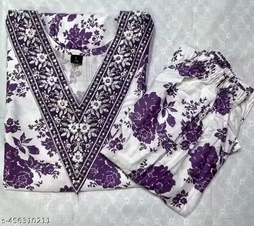 Rayon Floral Printed V-Neck kurta set for women (White & Purple) (L)