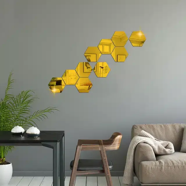 Acrylic Hexagon Shaped Wall Mirror Stickers (Gold, Pack of 10)