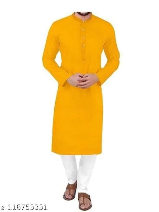 Mandarin Neck Kurta for Men (Yellow, L)