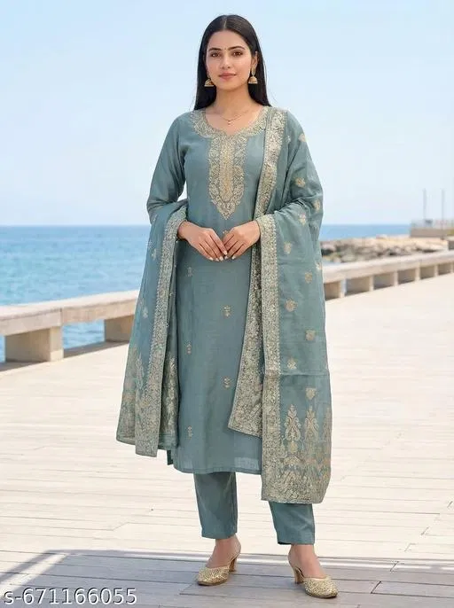 Printed A-line Kurta Set for Women (Aqua Blue, M)