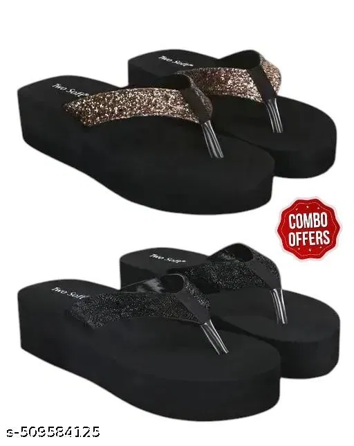 Twosoft EVA Flip-flops for Women (Black, 6) Pack of 2