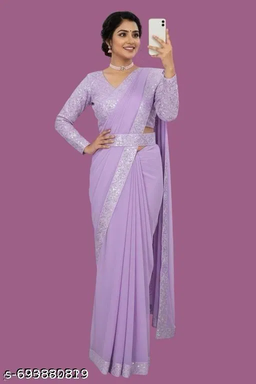 Georgette Solid Saree For Women, Lavender