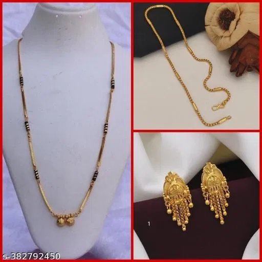 Combo of Alloy Mangalsutra with Chain & 1 Pair Earrings for Women (Multicolor, Set of 3)