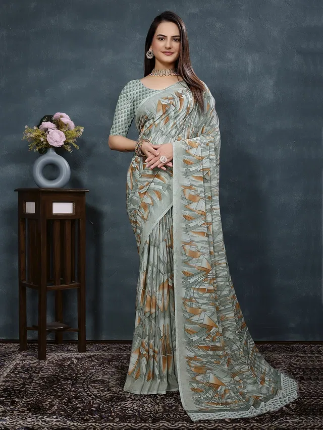 Georgette Printed Saree for Women (Grey, 6.3 m)