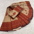 Litchi Silk Zari Embroidered Saree for Women, Cream & Red 