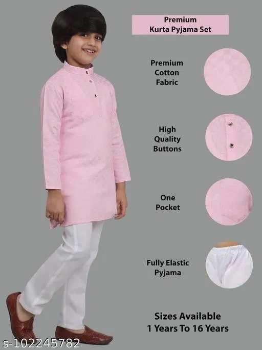 Cotton Kurta with Pyjama for Boys (Pink & White, 7-8 Years)