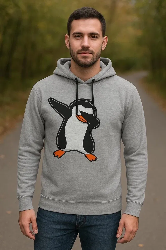 Full Sleeve Penguin Printed Fleece Hoodie for Men (Grey, M)