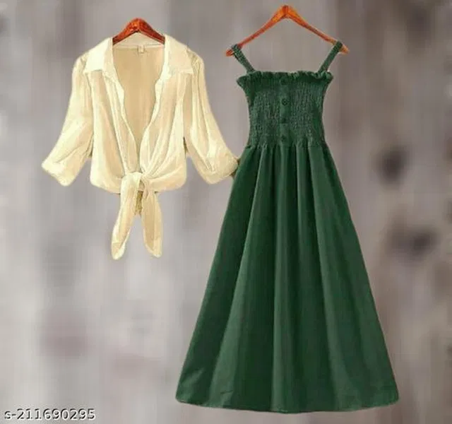 Poly Crepe Dress for Women (White & Green, S)