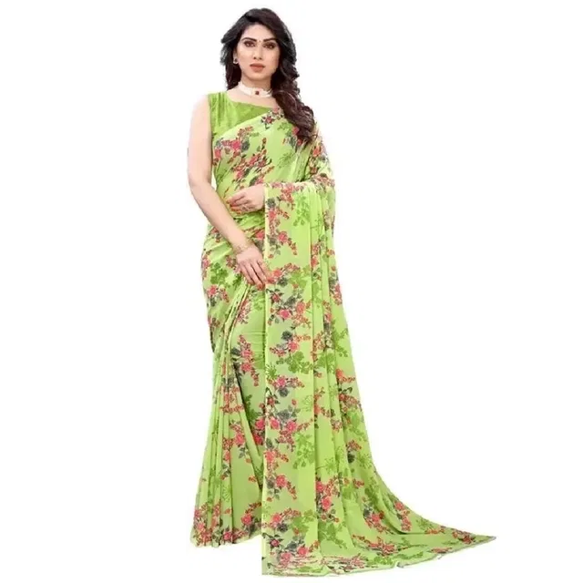 Georgette Floral Print Saree for Women (Green)
