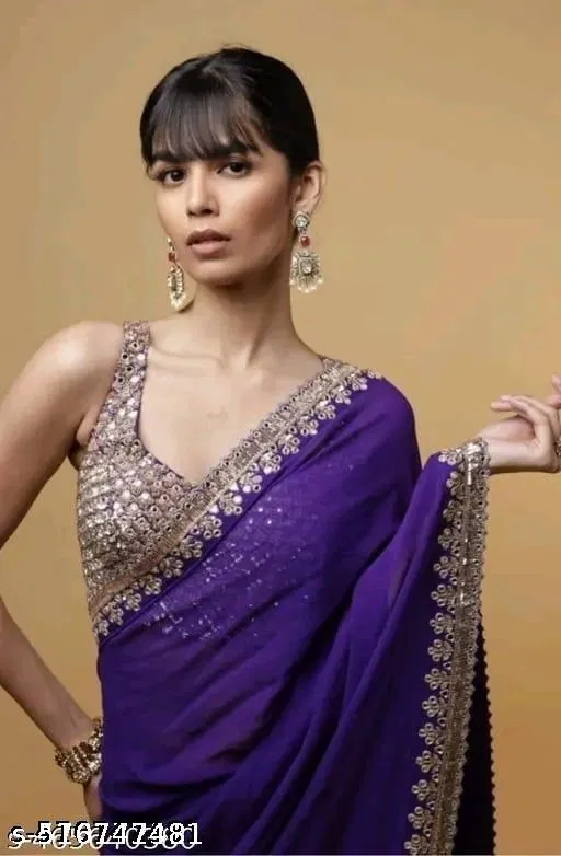 Georgette Solid Saree For Women, Purple