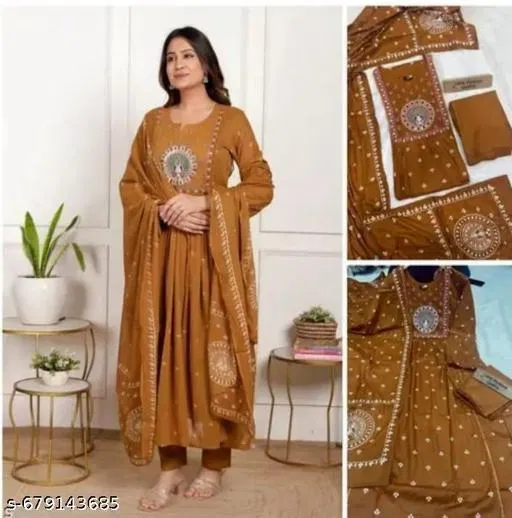 Printed Acrylic Kurta Set for Women (Yellow, M)