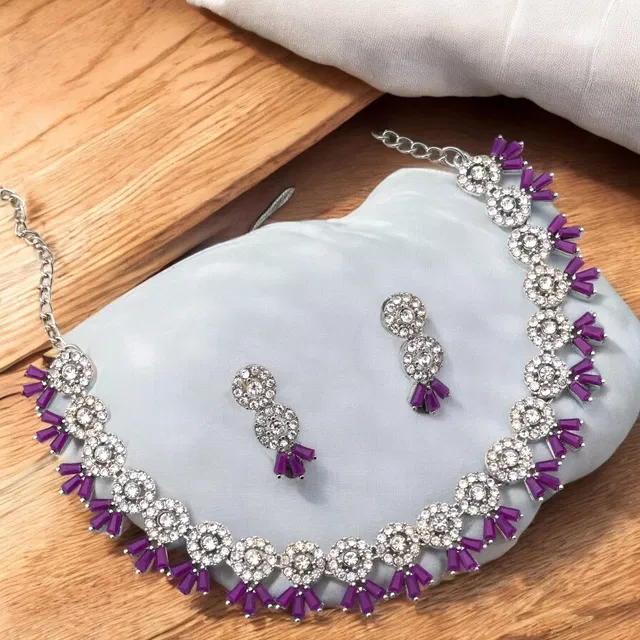 Alloy Choker Necklace with Earrings for Women (Silver & Purple, Set of 1)