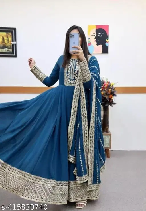 Embroidered Kurta Set with Dupatta for Women (Teal, S)