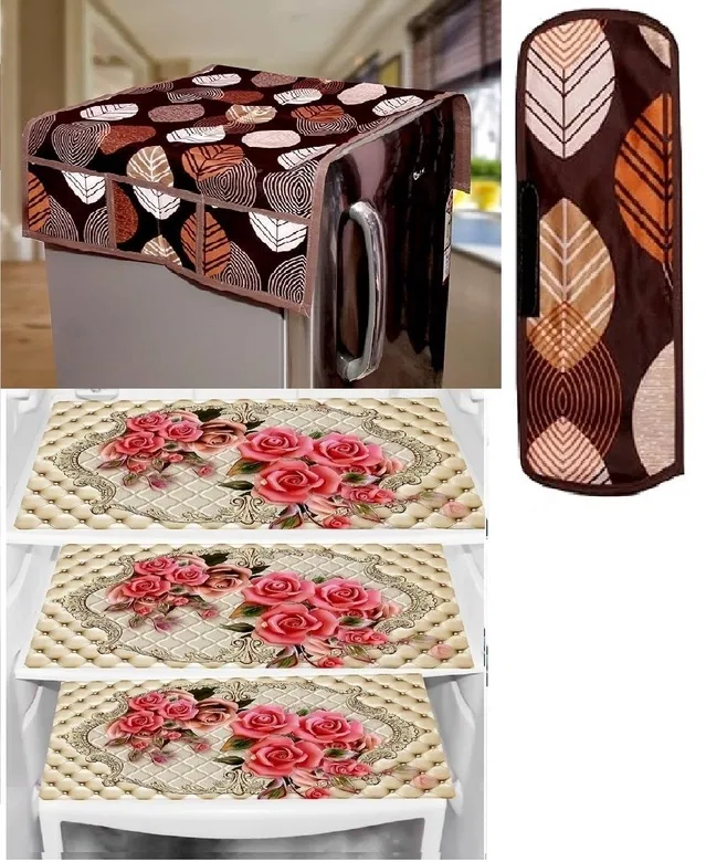 PVC Printed Fridge Top Cover with 3 Pcs Shelf Mats & Handle Cover (Multicolor, Set of 1)