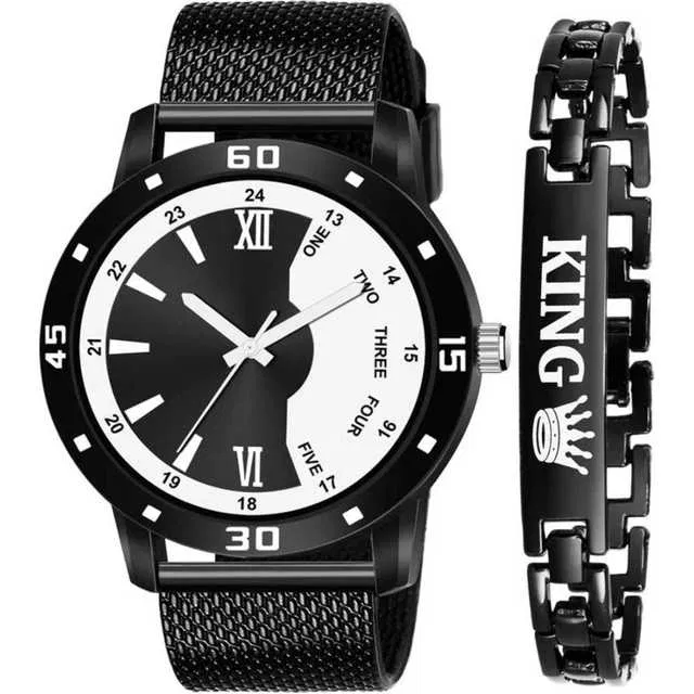  Casual PU Analog Watch With Bracelet Men (Pack Of 2, Black) (MP-163)