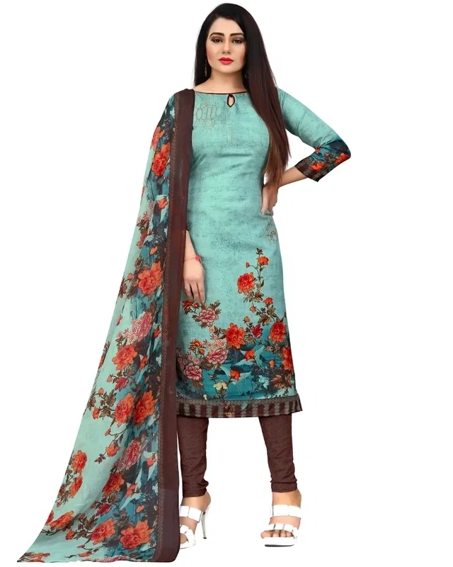 Cotton Floral Print Unstitched Suits Fabric for Women (Blue & Brown)