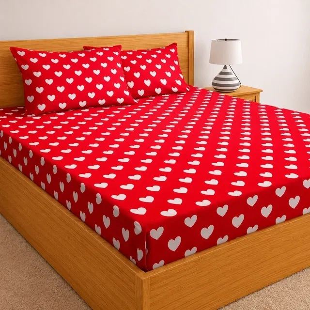 Microfibre Double Heart Printed Bedsheet 88x90in Red