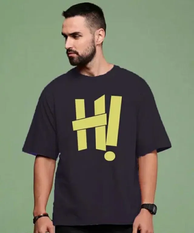 Round Neck Printed Oversized T-Shirt for Men (Black, L)