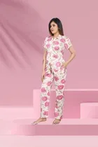 Satin Printed Nightsuit for Women (Pink & White, XL)